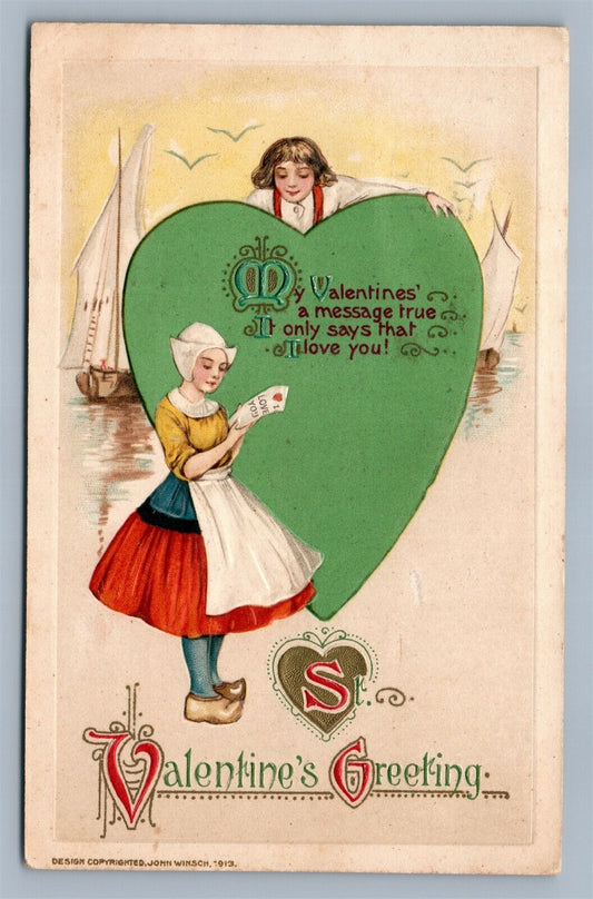 VALENTINE'S GREETINGS 1915 EMBOSSED ANTIQUE POSTCARD by JOHN WINSCH