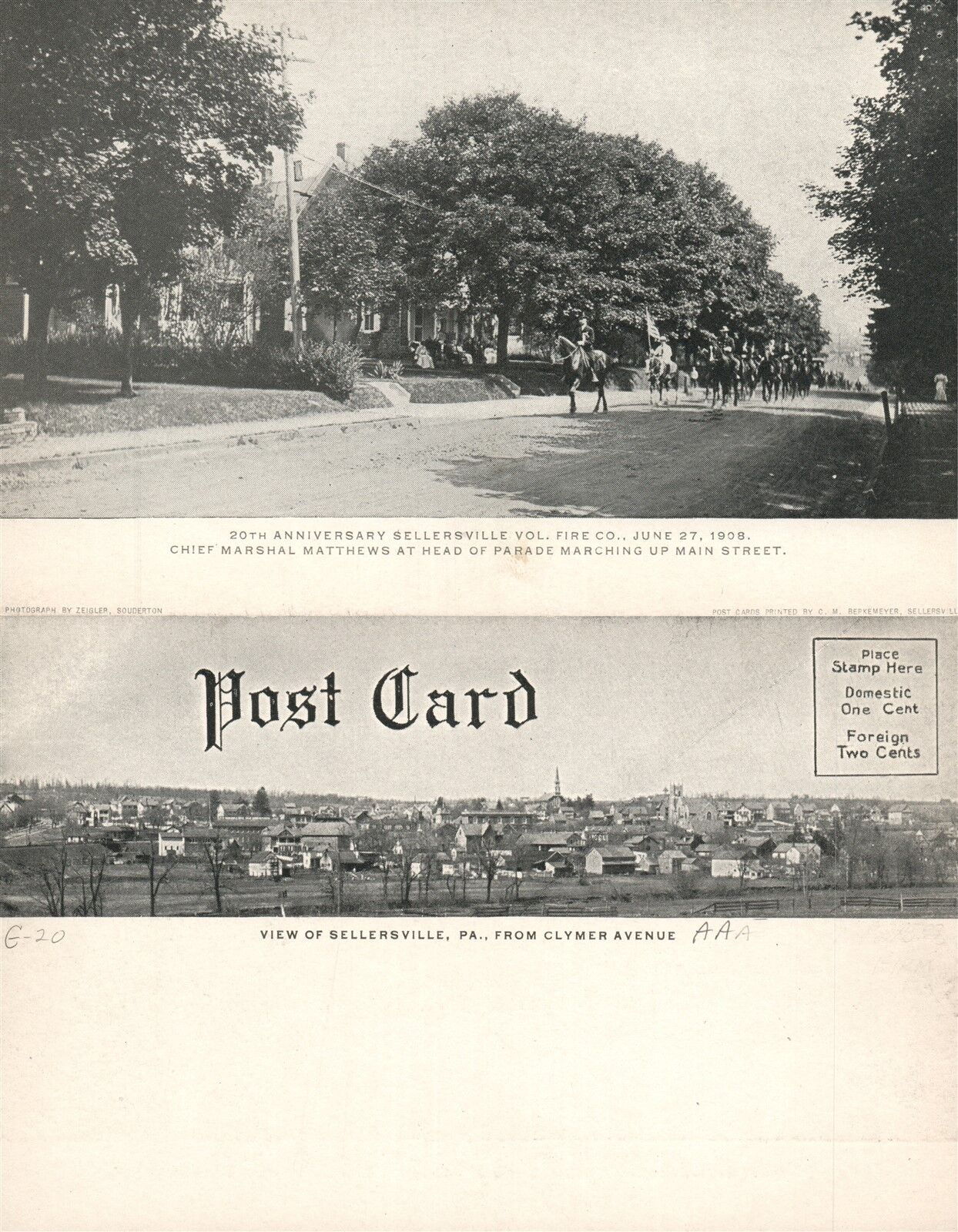 SELLERSVILLE VOLUNTEER FIRE COMPANY 1908 PARADE ANTIQUE POSTCARD fire fighters