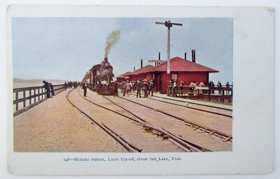 VINTAGE POSTCARD MIDLAKE RAIROAD STATION LUCIN CUT-OFF GREAT SALT LAKE UTAH