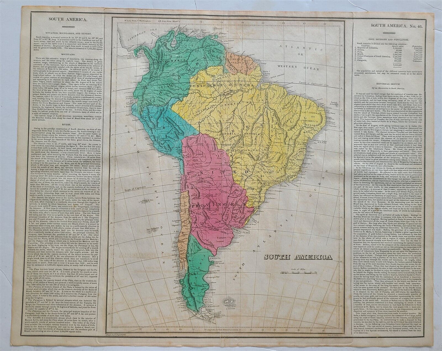 1822 MAP of SOUTH AMERICA GEOGRAPHICAL STATISTICAL HISTORICAL antique 17.5x 22"