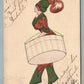 FRENCH FASHION 1911 HAND COLORED ANTIQUE POSTCARD LADY w/ HAT BOX