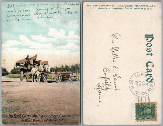 NO.EAST CARRY TRANSPORTING CANOES TO PENOBSCOT 1906 UNDIVIDED ANTIQUE POSTCARD