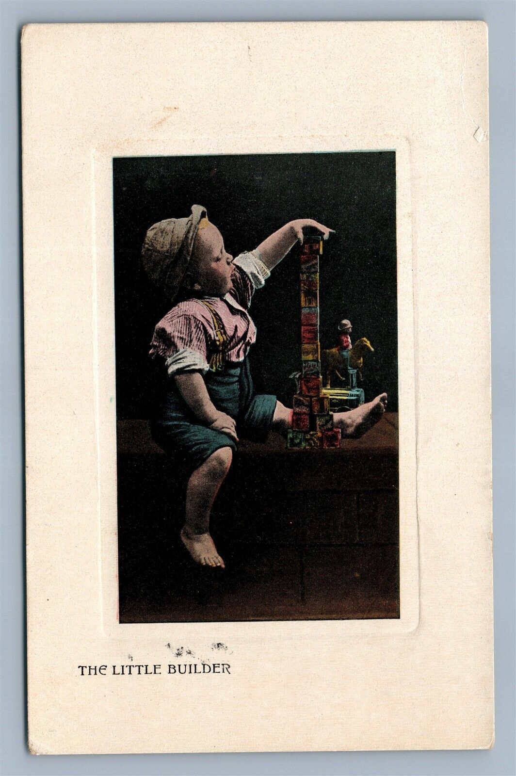 BOY w/ TOY BUILDING BLOCKS ANTIQUE POSTCARD THE LITTLE BUILDER