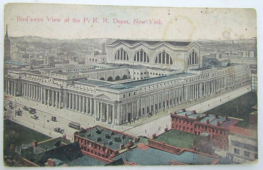 VINTAGE 1913 POSTCARD BIRD'S-EYE VIEW OF P.R.R. DEPOT NEW YORK train railroad
