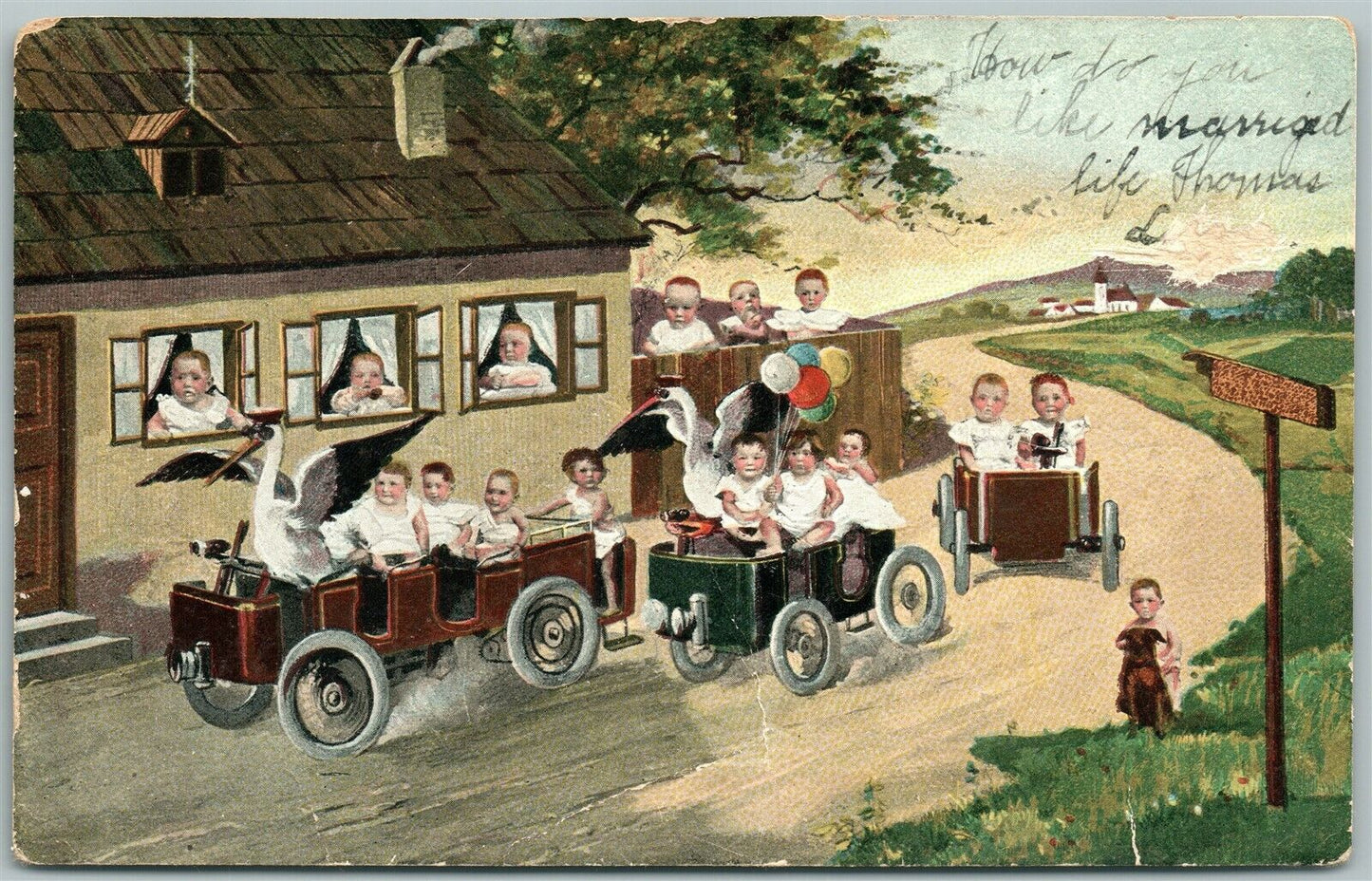 MULTIPLE BABIES CARS & STORK UNDIVIDED ANTIQUE POSTCARD