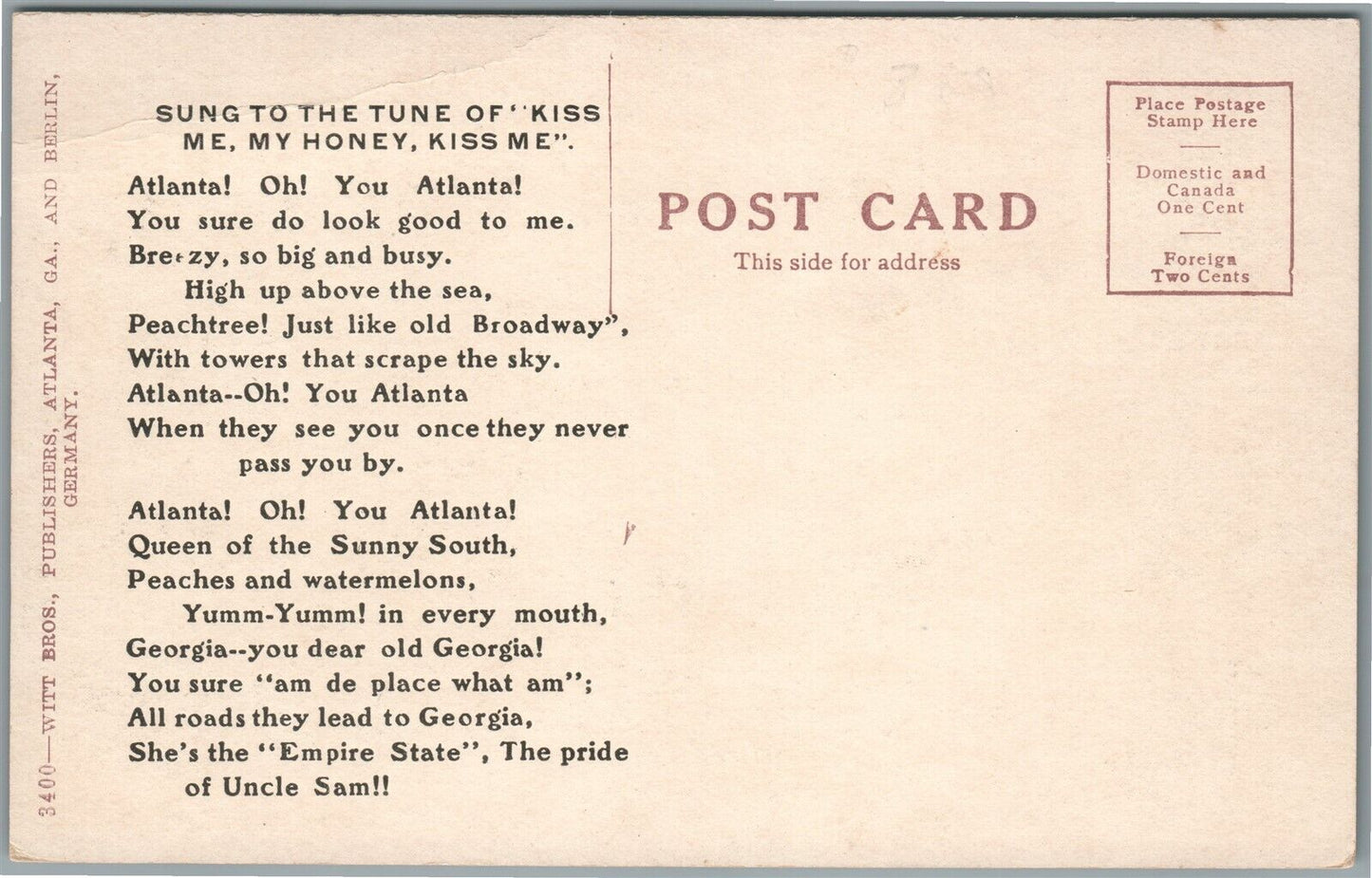 ATLANTA GA RAILROAD STATION RAILWAY DEPOT ANTIQUE POSTCARD w/PATRIOTIC SONG TEXT