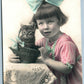 GIRL w/ CAT HAND COLORED 1926 ANTIQUE REAL PHOTO POSTCARD RPPC