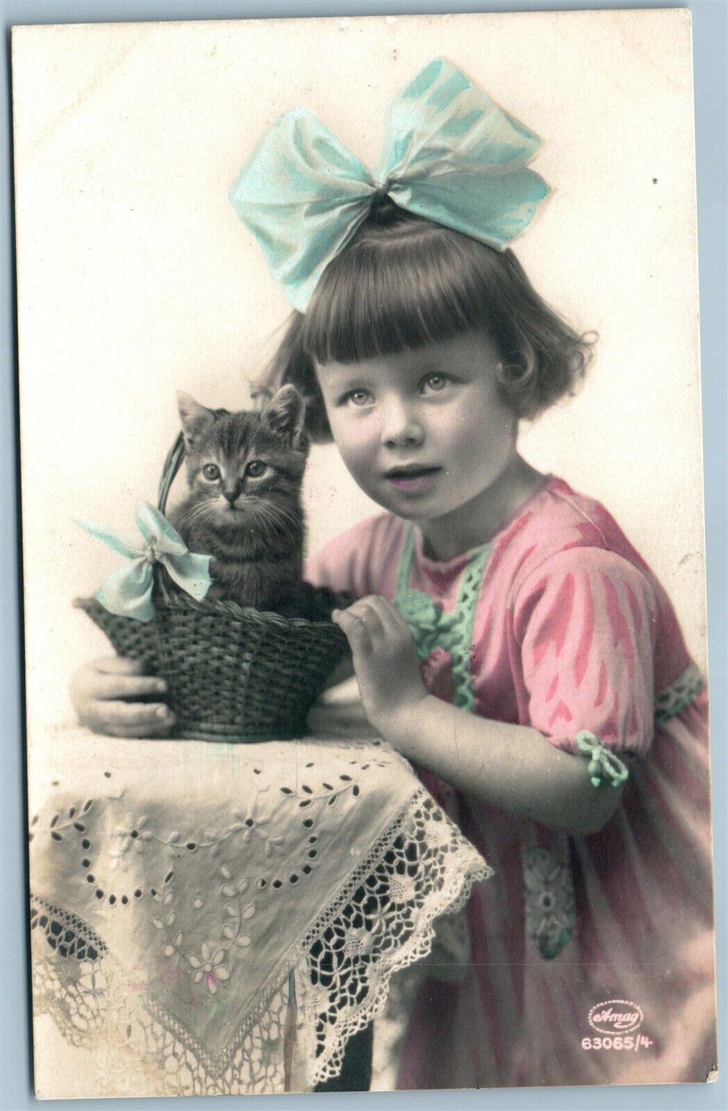 GIRL w/ CAT HAND COLORED 1926 ANTIQUE REAL PHOTO POSTCARD RPPC