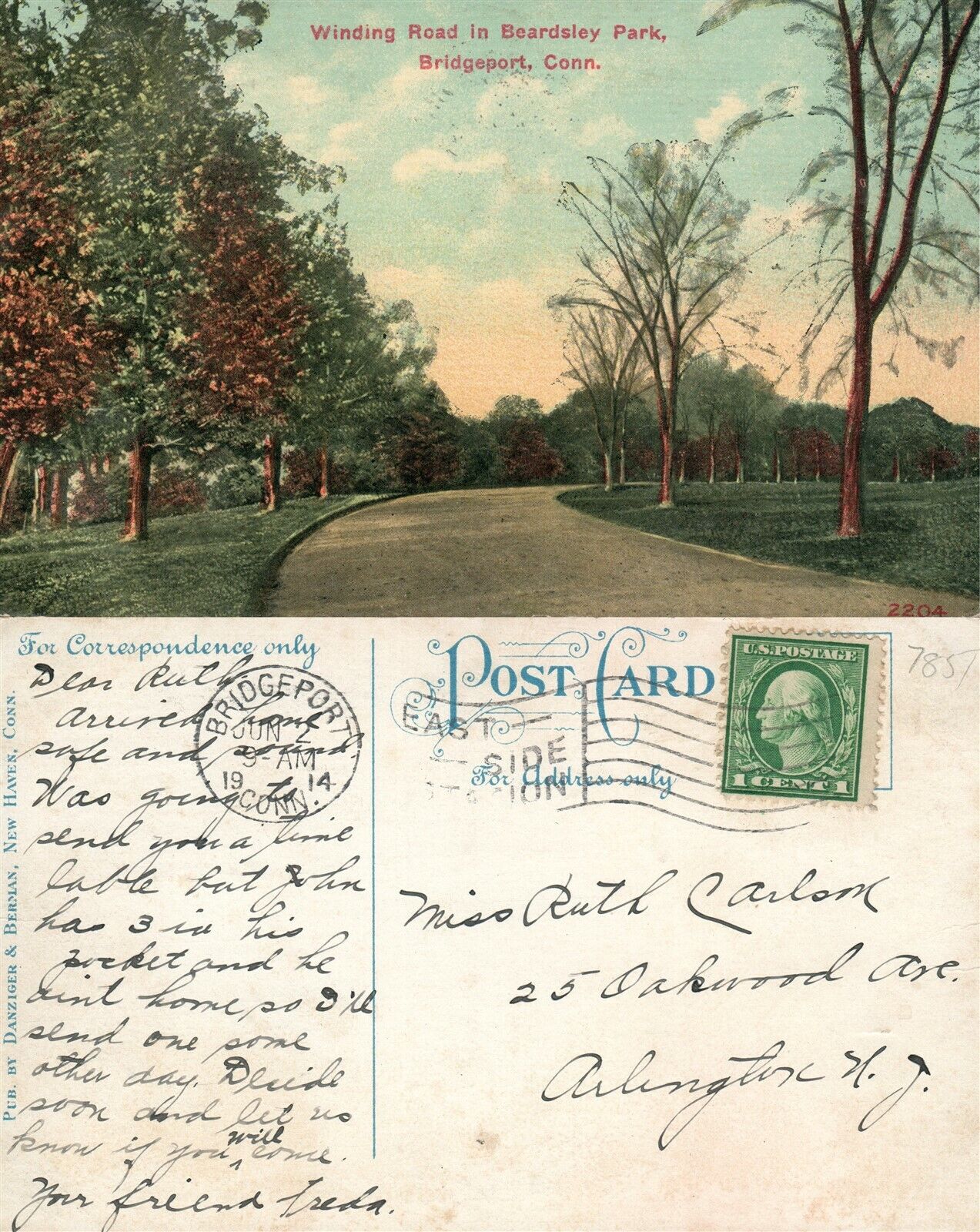 BRIDGEPORT CT WINDING ROAD IN BEARDSLEY PARK 1914 ANTIQUE POSTCARD