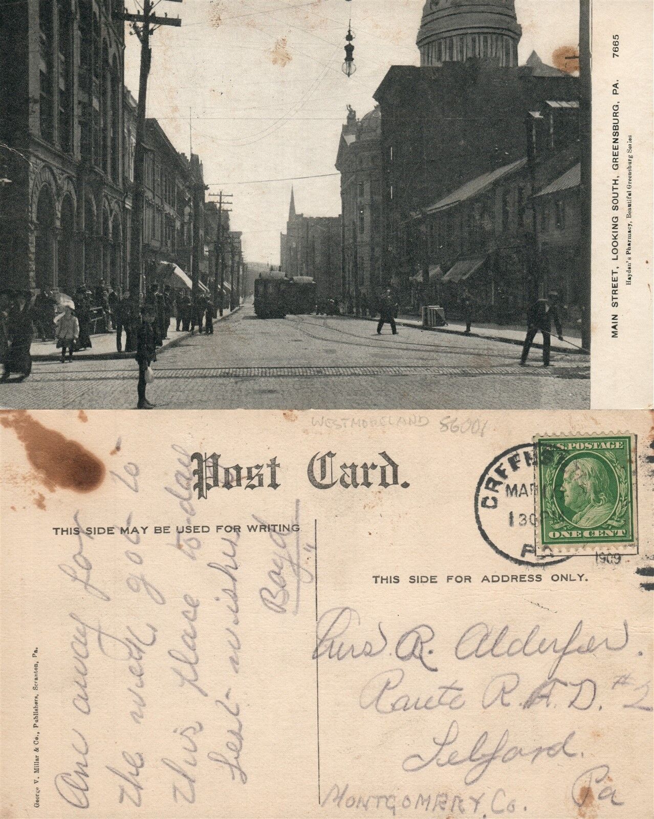 GREENSBURG PA MAIN STREET 1909 ANTIQUE POSTCARD w/ CORK CANCEL