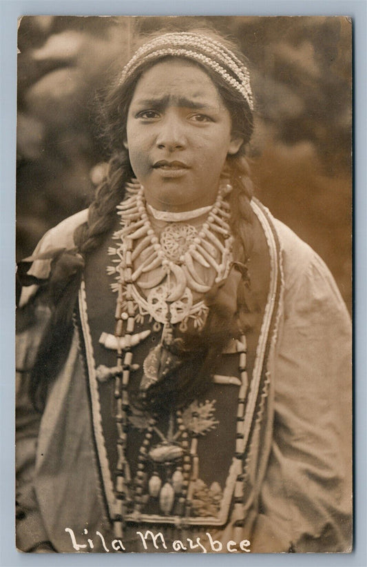 AMERICAN INDIAN GIRL LILA MAYBEE ANTIQUE REAL PHOTO POSTCARD RPPC