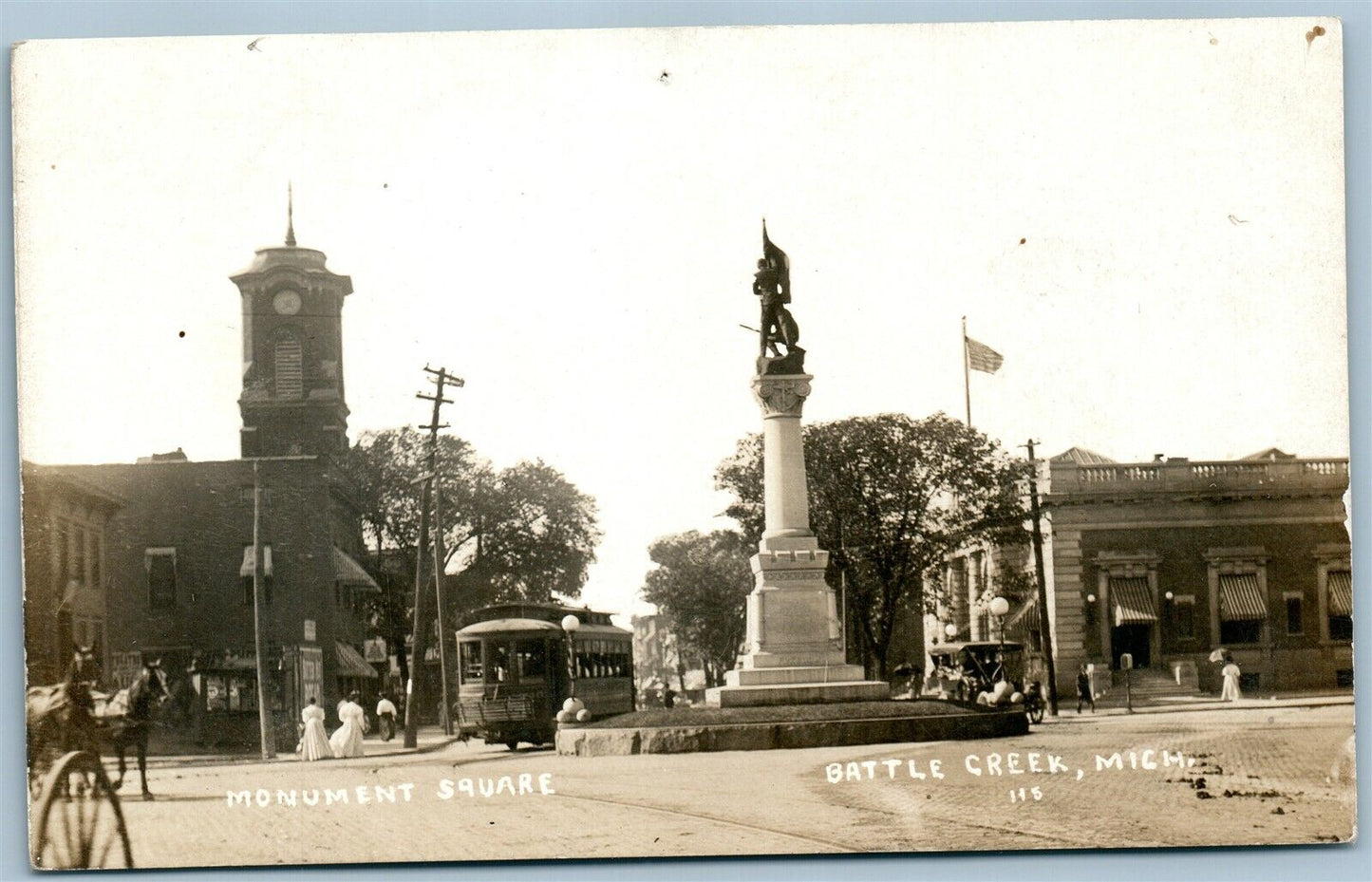 BATTLE CREEK MI MONUMENT SQUARE ANTIQUE REAL PHOTO POSTCARD RPPC