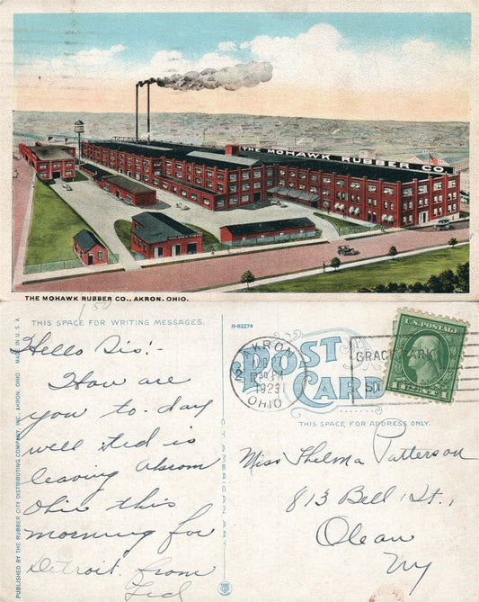 AKRON OH THE MOHAWK RUBBER CO. 1923 ANTIQUE POSTCARD