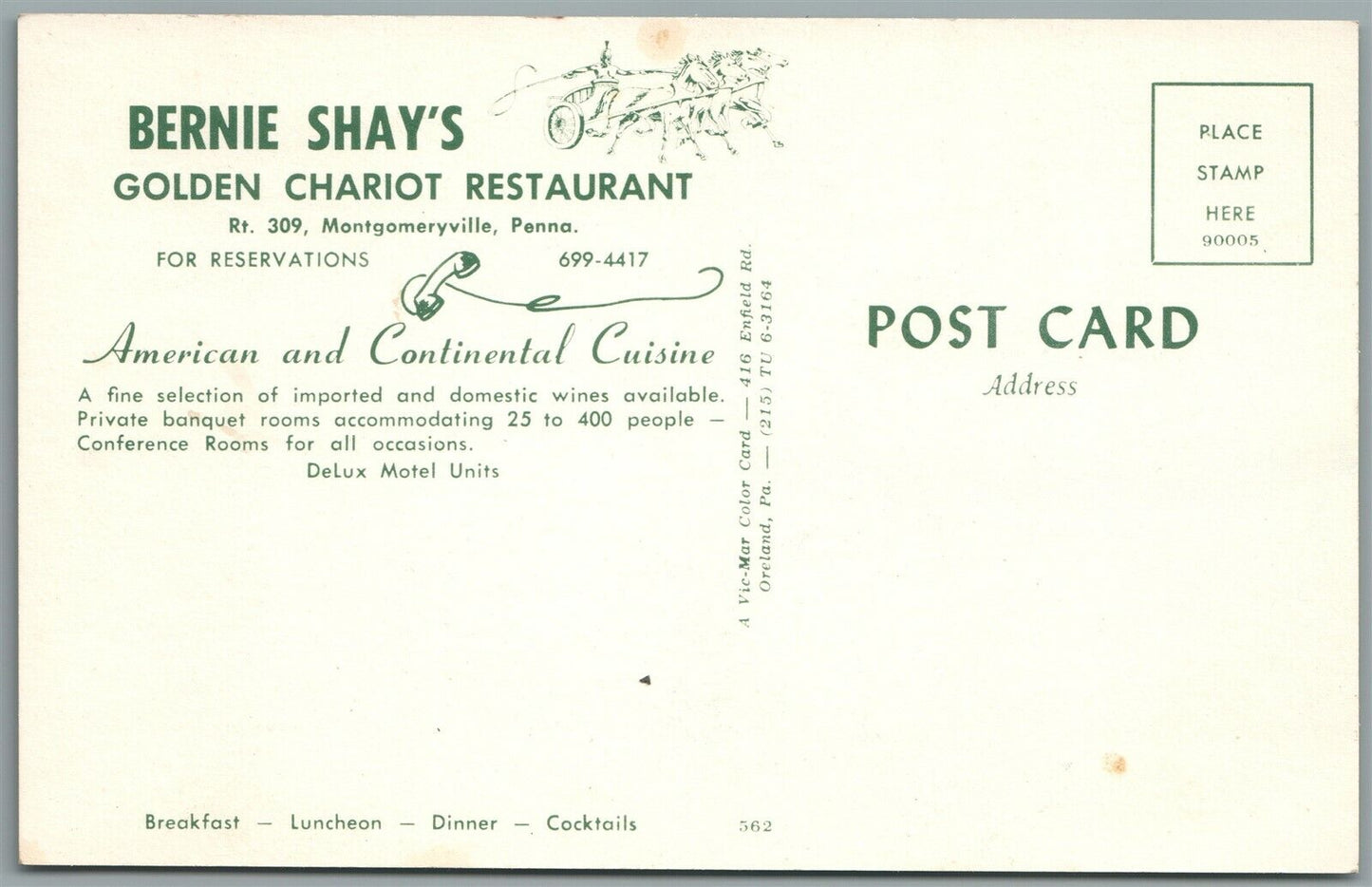 MONTGOMERYVILLE PA BERNIE SHAY'S GOLDEN CHARIOT RESTAURANT VINTAGE POSTCARD