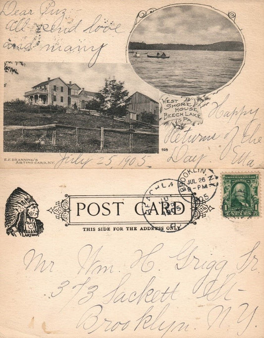 BEACH LAKE PA WAYNE CO. WEST SHORE HOUSE 1905 UNDIVIDED ANTIQUE POSTCARD