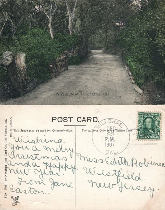 BURLINGAME CA P[RIVATE ROAD 1907 ANTIQUE POSTCARD