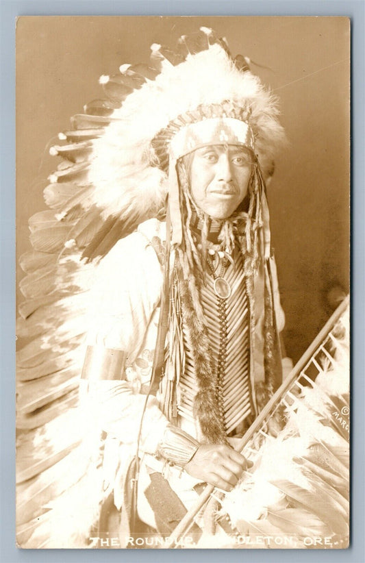 AMERICAN INDIAN FULL DRESS PENDLETON OR ROUNDUP ANTIQUE REAL PHOTO POSTCARD RPPC