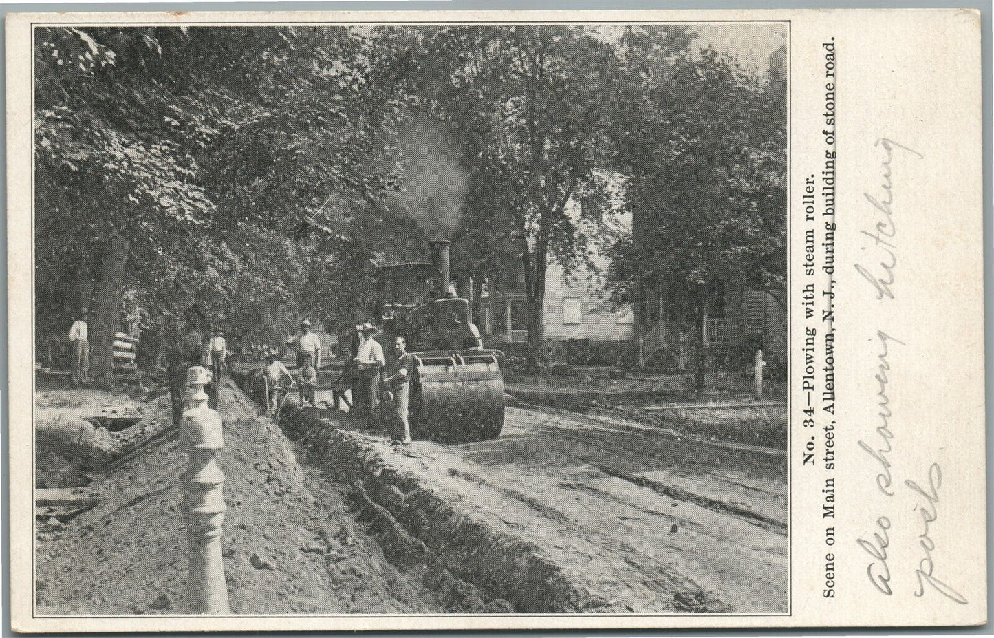 ALLENTOWN NJ PLOWING WITH STEAM ROLLER MAIN STREET ANTIQUE POSTCARD