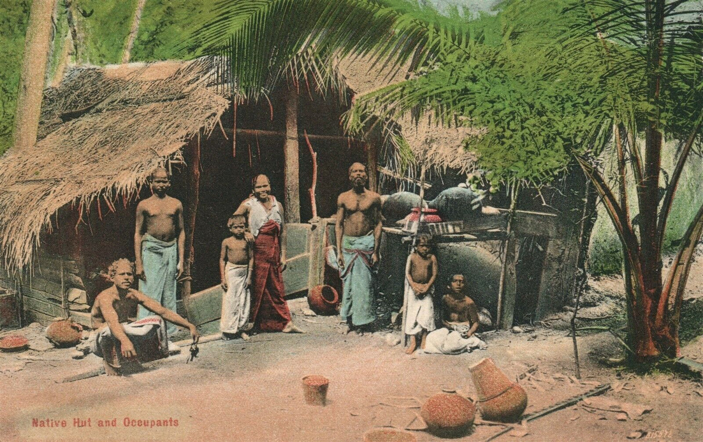 CEYLON NATIVE HUT & OCCUPANTS ANTIQUE POSTCARD Sri Lanka