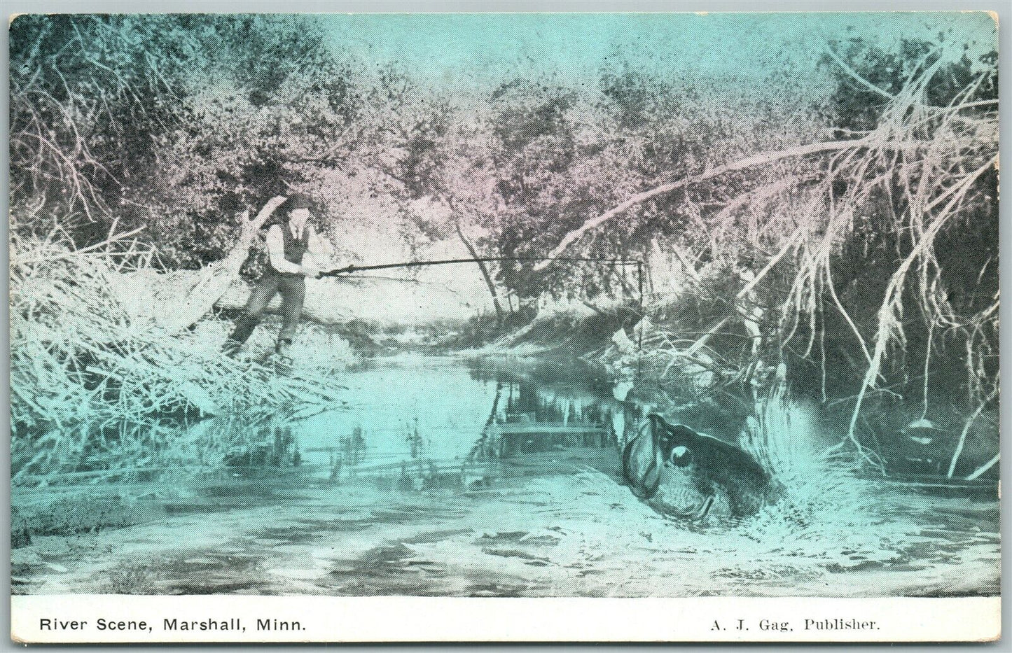 MARSHALL MINN. FISHING ANTIQUE EXAGGERATED POSTCARD