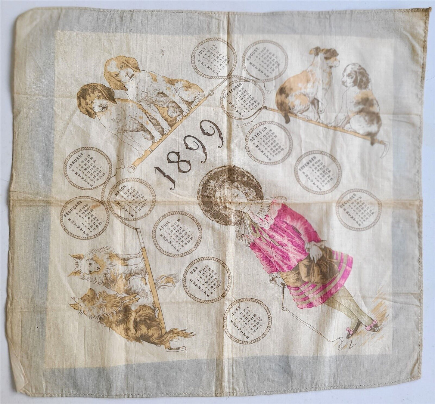 1899 SCARF w/ GIRL ANIMAL TRAINER $ CALENDAR antique