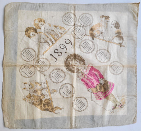 1899 SCARF w/ GIRL ANIMAL TRAINER $ CALENDAR antique