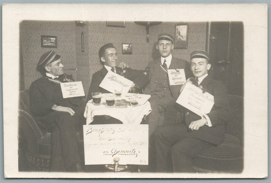 GERMAN GUYS w/ SIGNS ANTIQUE REAL PHOTO POSTCARD RPPC