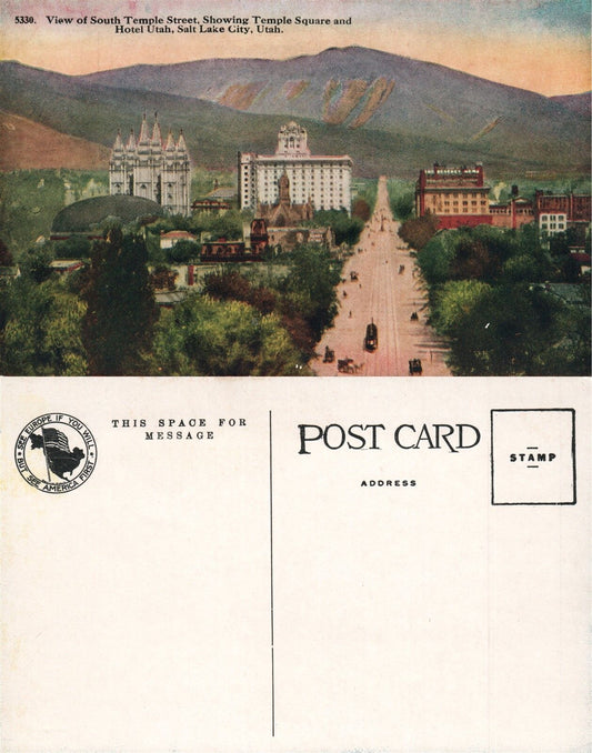 SALT LAKE CITY SOUTH TEMPLE STREET HOTEL UTAH ANTIQUE POSTCARD