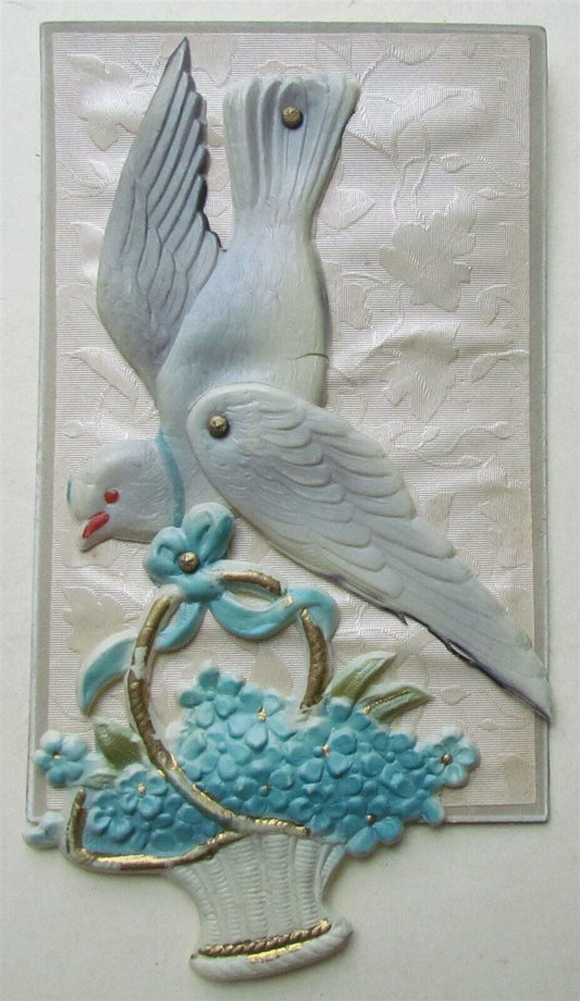 MECHANICAL ANTIQUE POSTCARD w/ ATTACHED CELLULOID DOVE with FLOWER BASKET