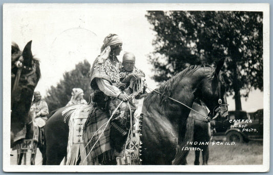 INDIAN & CHILD on HORSE IDAHO ANTIQUE REAL PHOTO POSTCARD RPPC