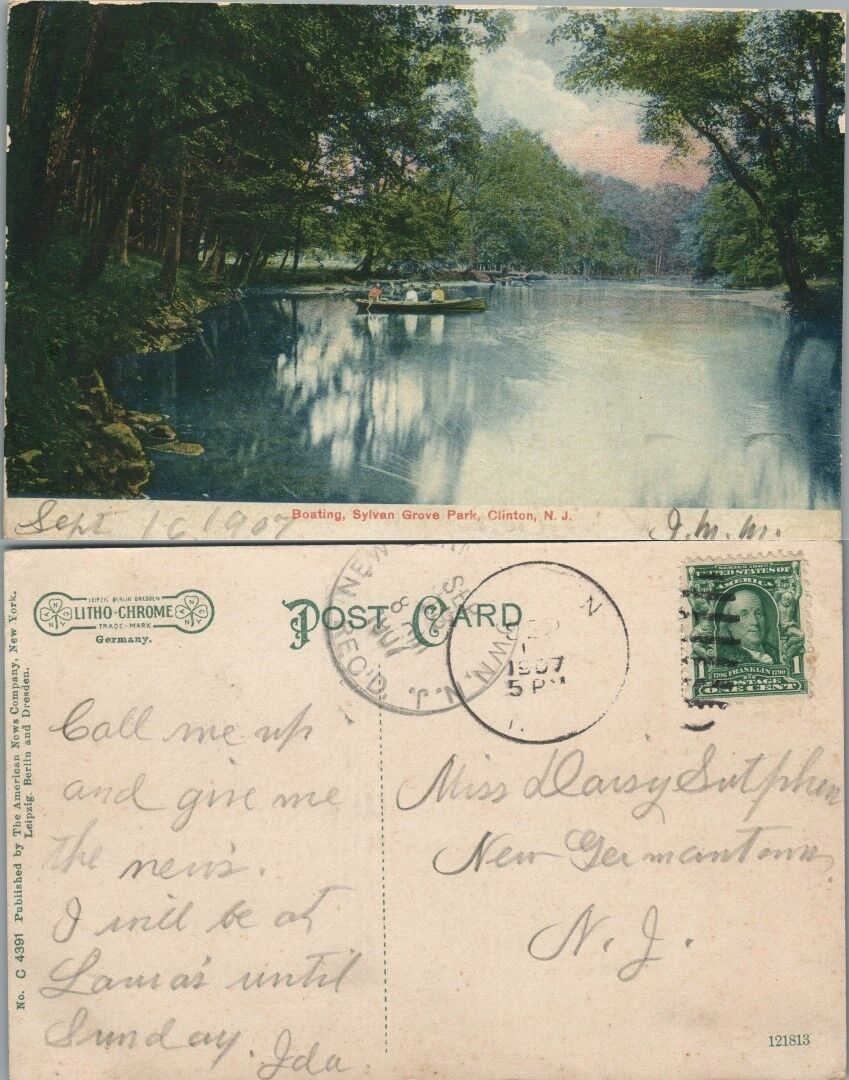 ANTIQUE 1907 POSTCARD BOATING SYLVAN GROVE PARK CLINTON N.J.