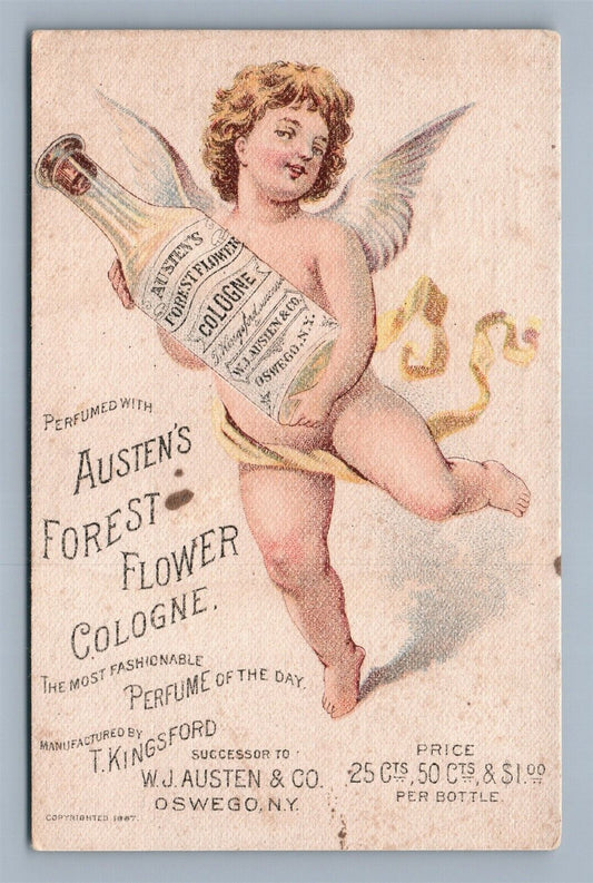 OSWEGO NY ANTIQUE VICTORIAN TRADE CARD FLOWER COLOGNE ADVERTISING