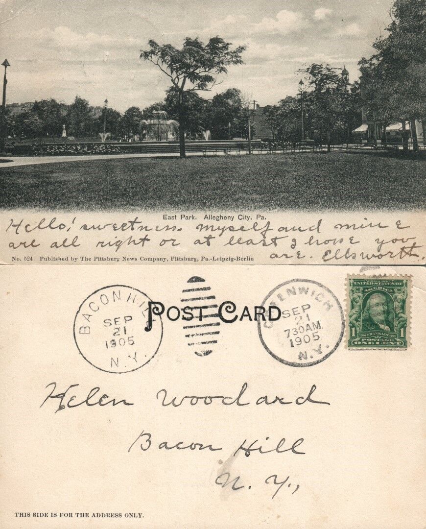 ALLEGHENY PA EAST PARK 1905 UNDIVIDED ANTIQUE POSTCARD CORK CANCEL