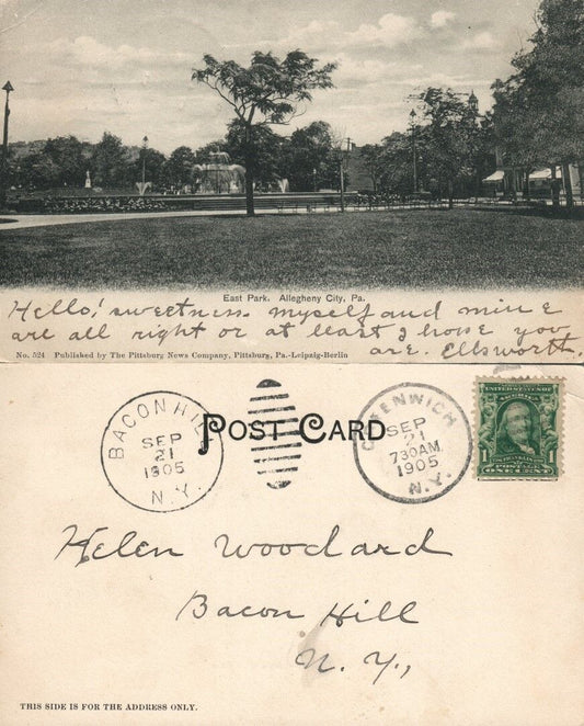 ALLEGHENY PA EAST PARK 1905 UNDIVIDED ANTIQUE POSTCARD CORK CANCEL