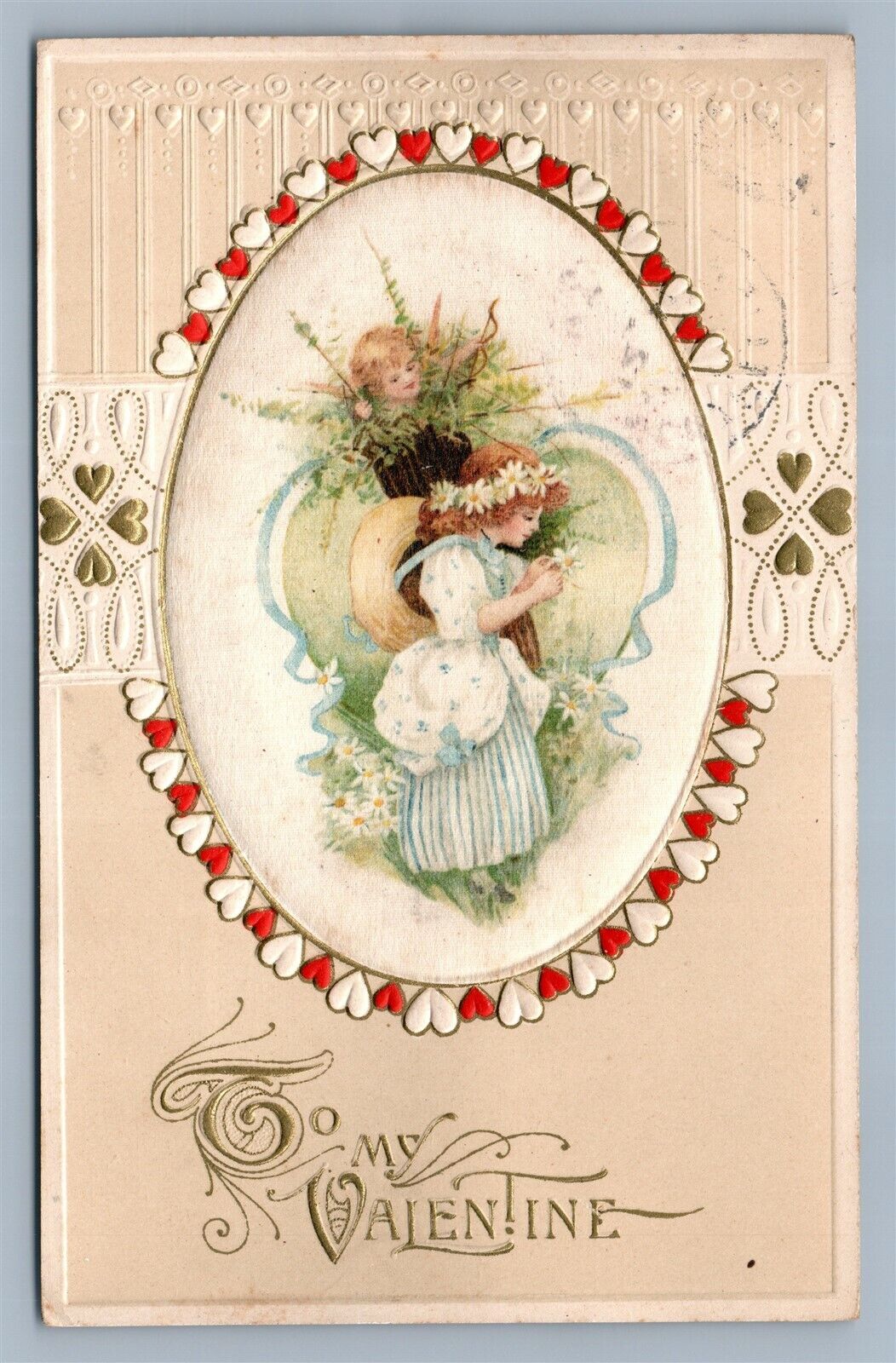 TO MY VALENTINE EMBOSSED ANTIQUE POSTCARD KIDS PRINTED ON SILK