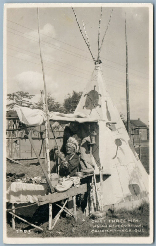 CHIEF THREE MEN INDIAN RESERVATION CAUGHNAWAGA ANTIQUE REAL PHOTO POSTCARD RPPC