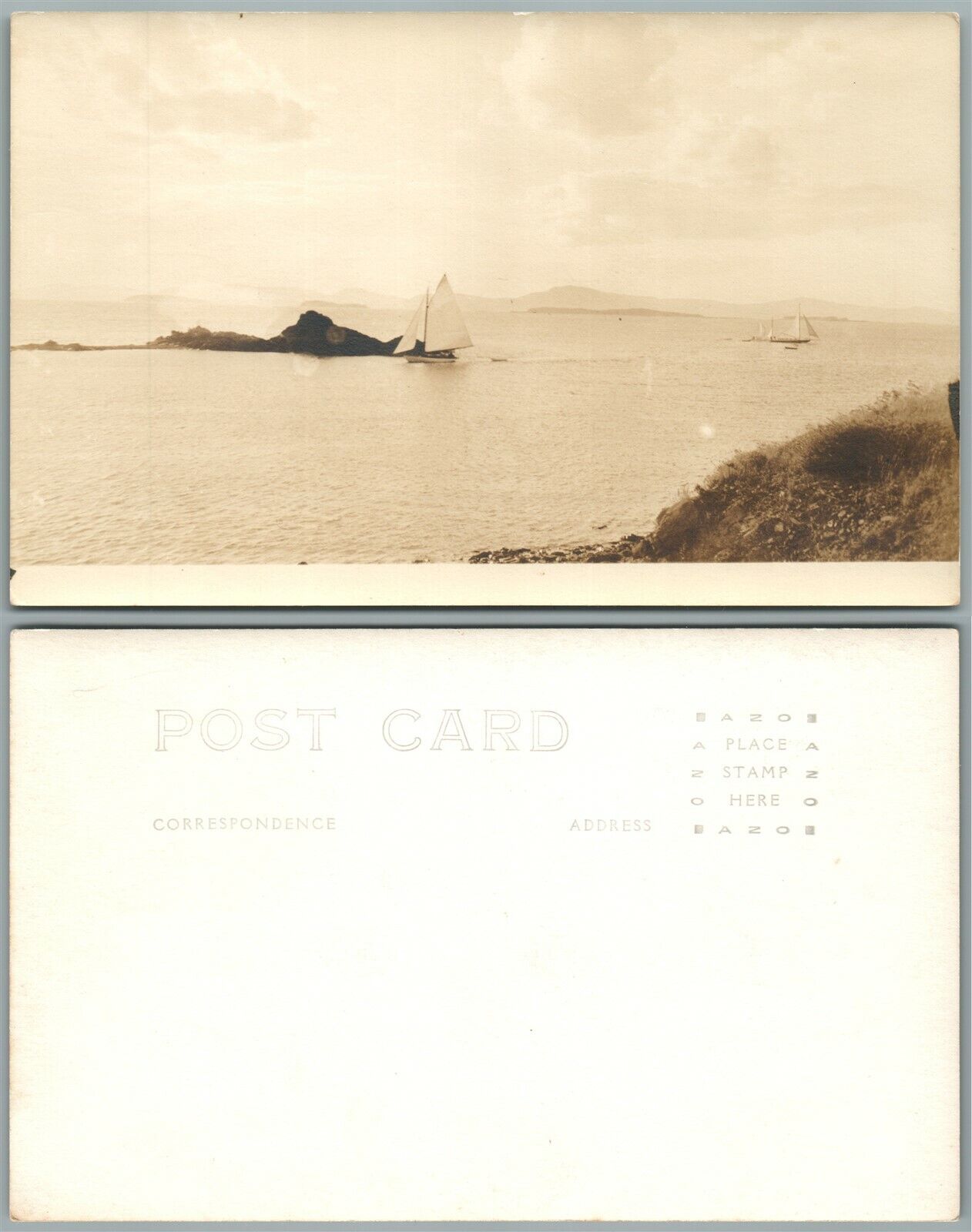 SAILING AT THE LAKE ANTIQUE REAL PHOTO POSTCARD RPPC