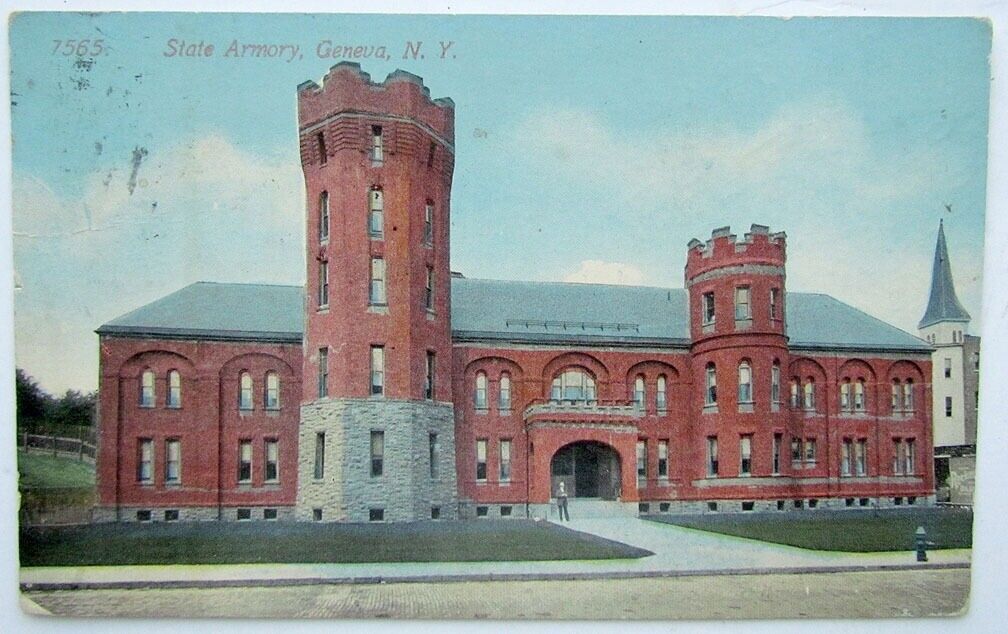 ANTIQUE 1913 POSTCARD STATE ARMORY GENEVA N.Y. CORK CANCEL