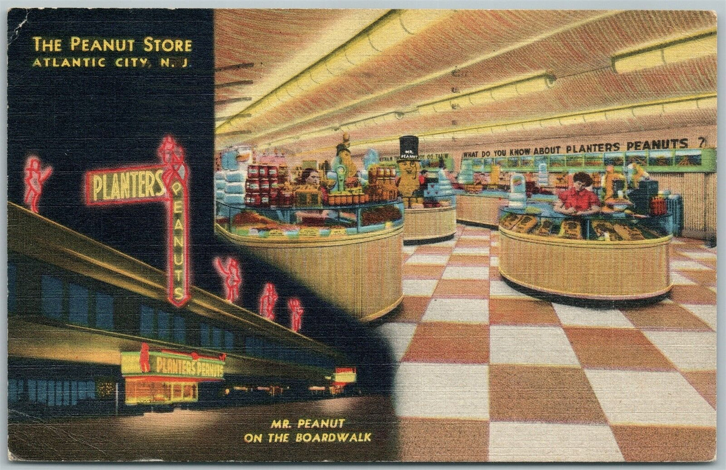 ATLANTIC CITY NJ MR.PEANUT STORE on the BOARDWALK 1946 VINTAGE POSTCARD