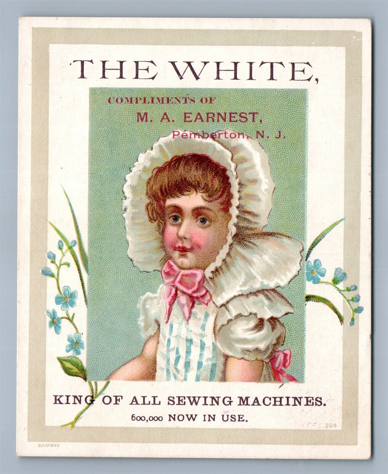 PEMBERTON NJ ANTIQUE VICTORIAN TRADE CARD M.EARNEST SEWING MACHINES ADVERTISING