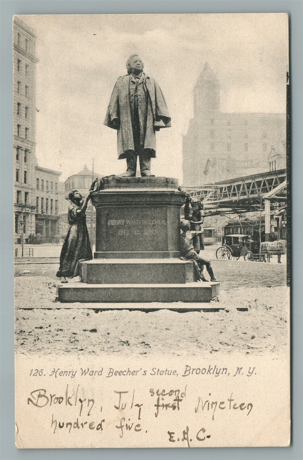 BROOKLYN NY HENRY WARD BEECHER'S STATUE ANTIQUE POSTCARD