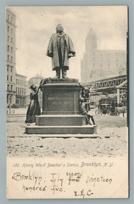 BROOKLYN NY HENRY WARD BEECHER'S STATUE ANTIQUE POSTCARD