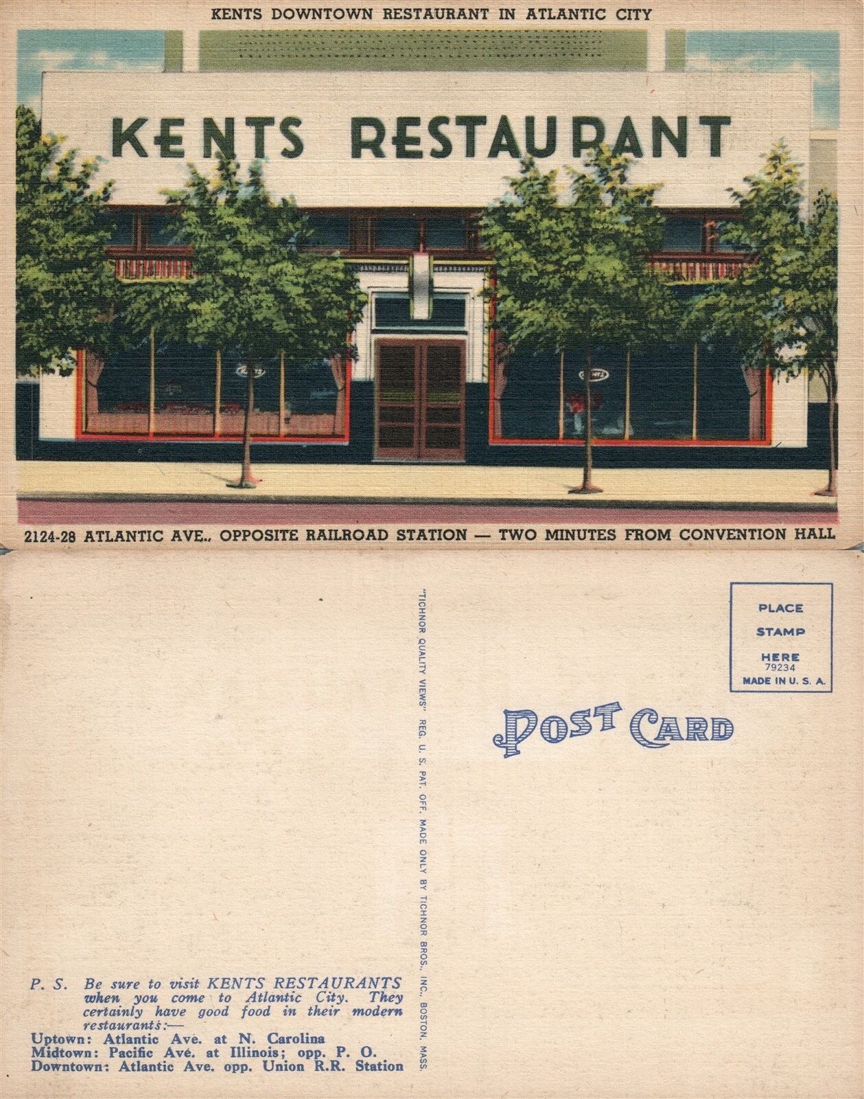 ATLANTIC CITY N.J. KENT RESTAURANT CROSS RAILWAY STATION VINTAGE POSTCARD