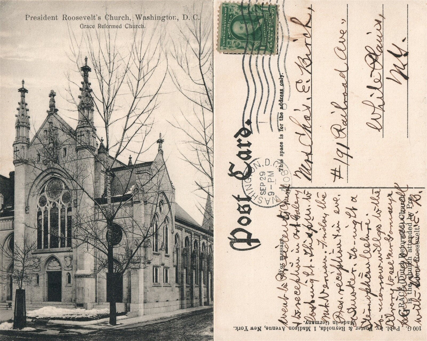 WASHINGTON PRESIDENT ROOSEVELT'S CHURCH 1908 ANTIQUE POSTCARD