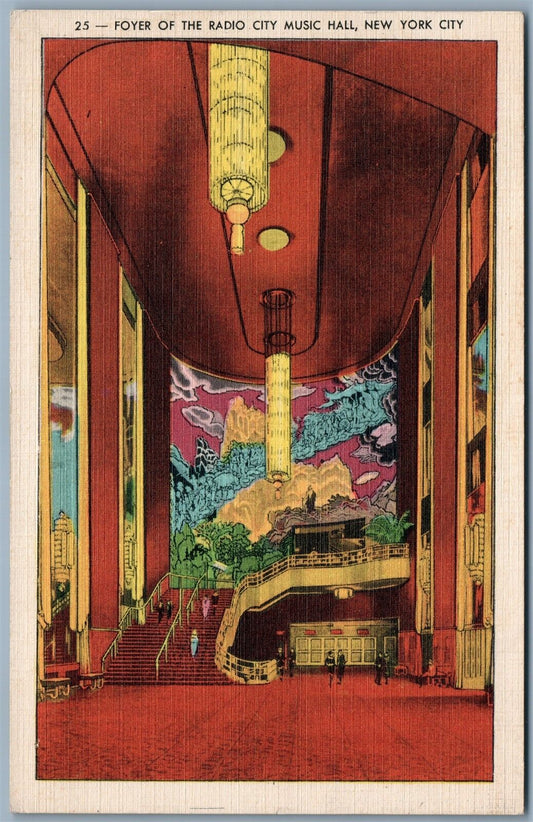 NEW YORK NY RADIO CITY MUSIC HALL FOYER 1940 ANTIQUE POSTCARD