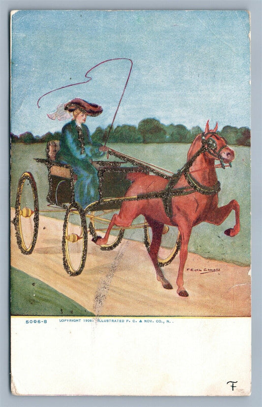 ARTIST SIGNED by EARL CHRISTY LADY RIDING HORSE CART ANTIQUE POSTCARD