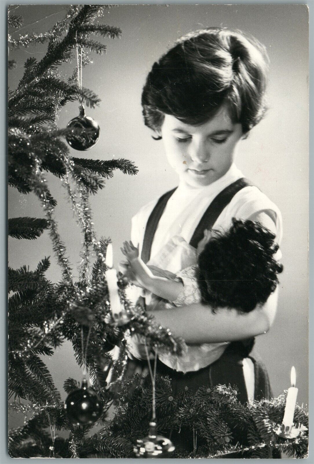 NEW YEAR KID w/ DOLL AT CHRISTMAS TREE VINTAGE REAL PHOTO POSTCARD RPPC