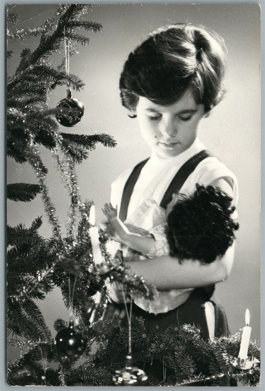 NEW YEAR KID w/ DOLL AT CHRISTMAS TREE VINTAGE REAL PHOTO POSTCARD RPPC