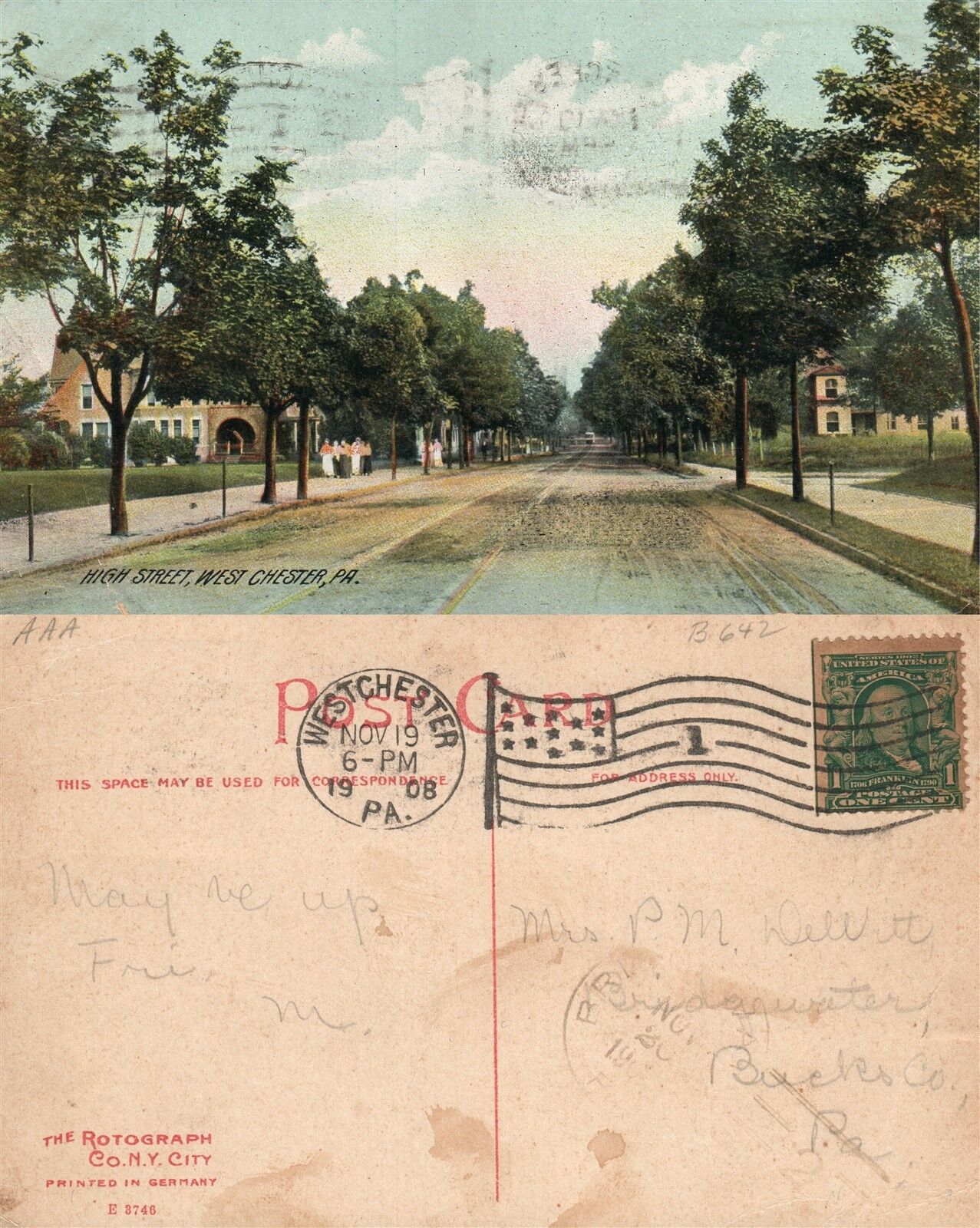 WEST CHESTER PA HIGH STREET 1908 ANTIQUE POSTCARD
