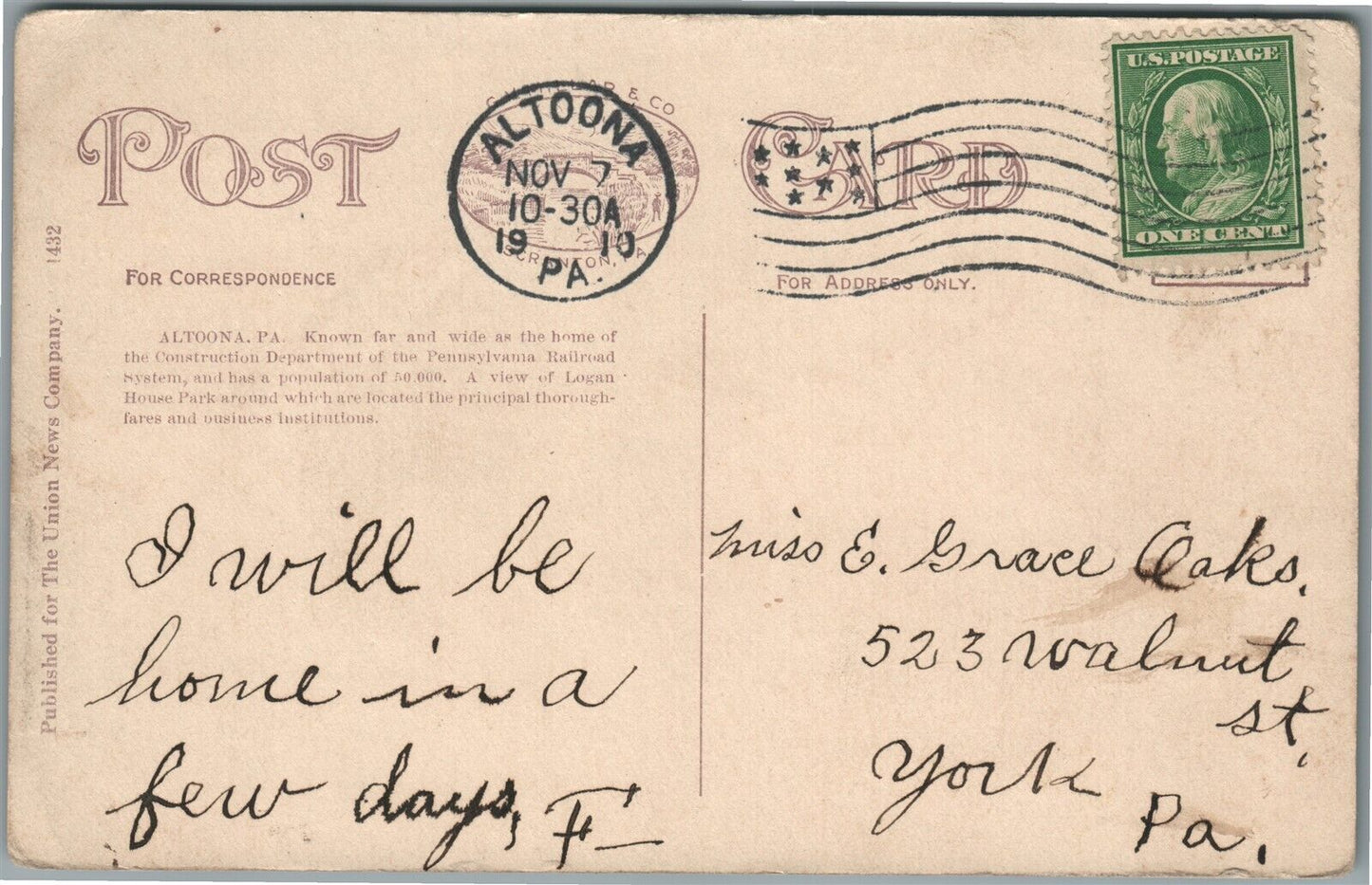 ALTOONA PA LOGAN HOUSE PARK ANTIQUE POSTCARD